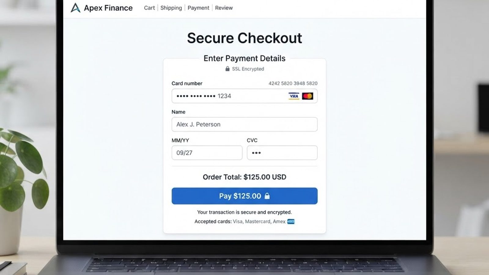 ONKORE secure online checkout page on a laptop with tokenized card fields